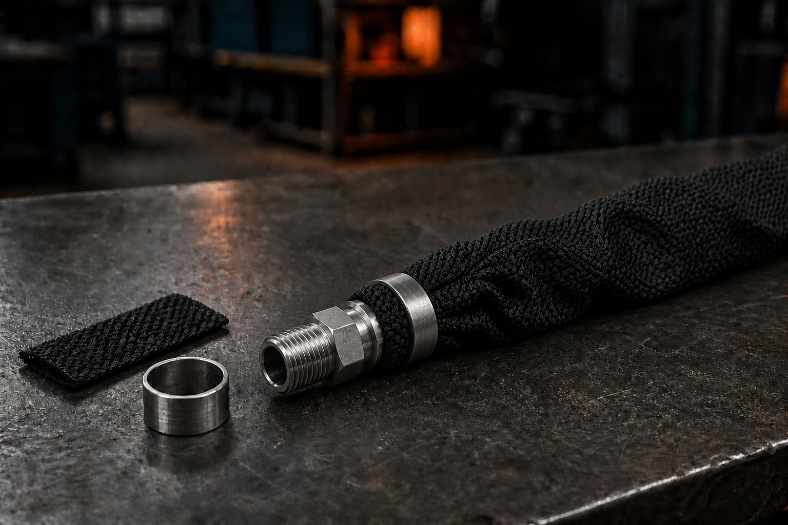 Retaining rings installed over loose abrasion sleeve on a hydraulic hose near the fitting